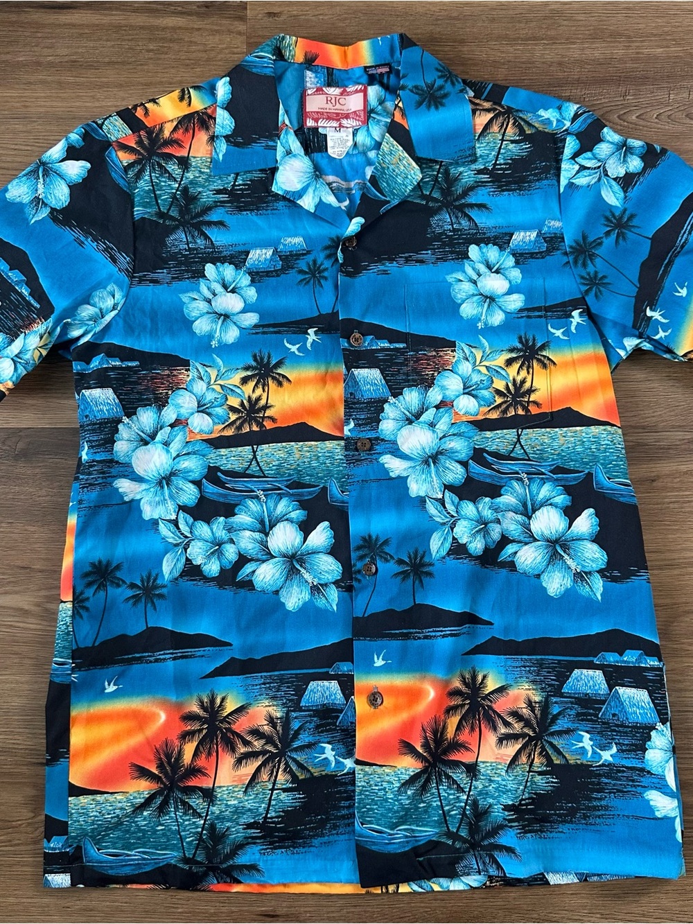 RJC Floral Palm Tree Beach Hawaiian Button Shirt Cotton Mens Medium Made USA EUC